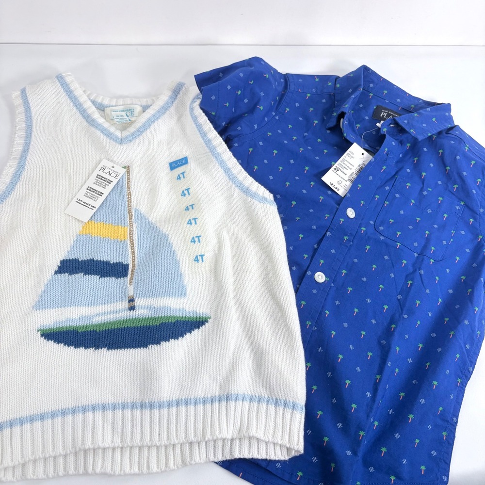 The Childrens Place 2 pc Bundle Blue White Sailboat Vest Palm Tree Shirt 4T NWT